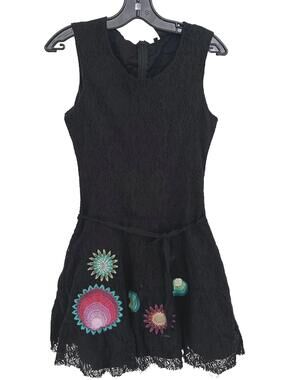 Desigual Black Distrest Lace Sleeveless Dress with Embroidered Floral Details-38